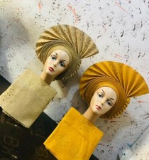African Aso Oke Auto Gele WT Ipele Shawl GOLD Color wt stones