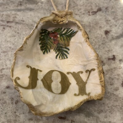 Oyster Shell Decoupage Christmas Joy Trinket Ring Dish Ornament Beach