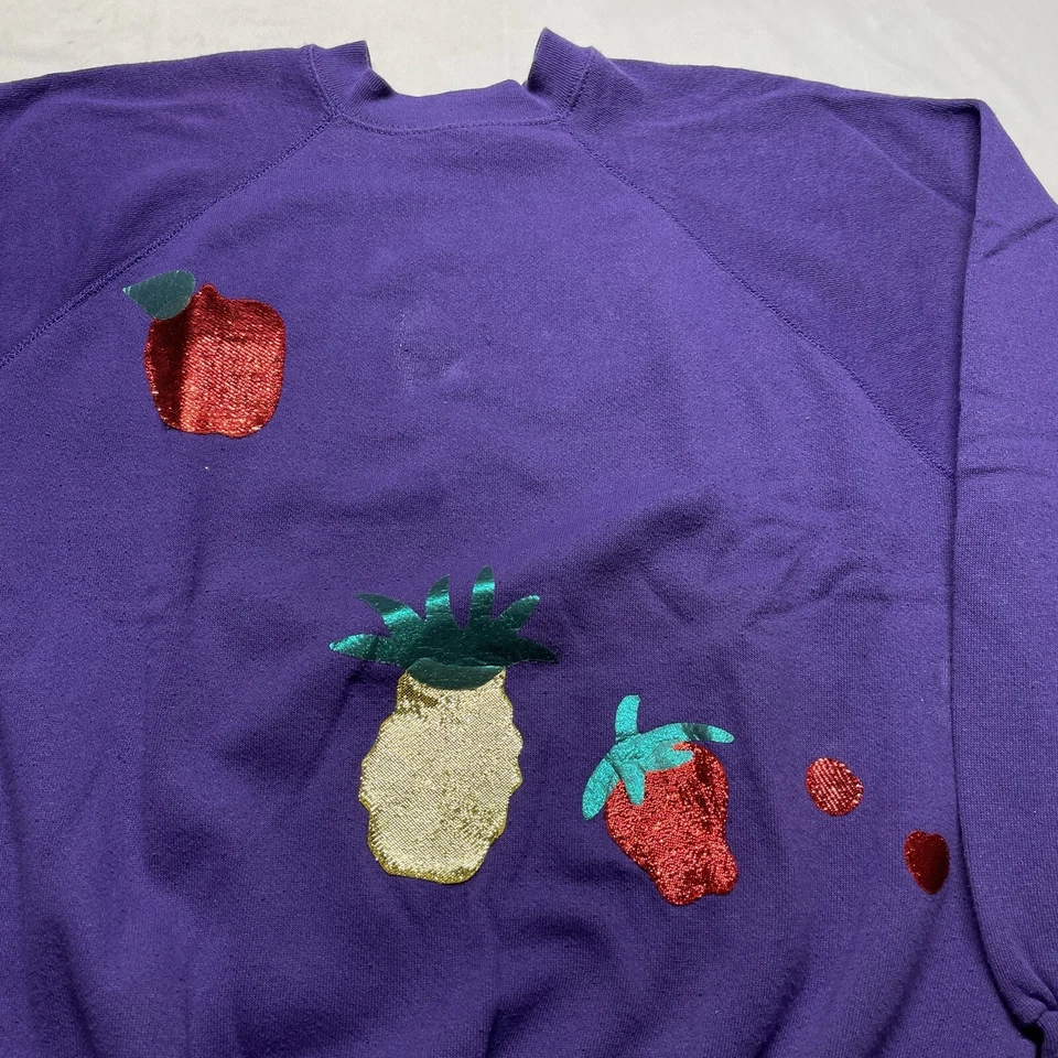 Vintage 90s Sweatshirt Size Large Purple Pullover Fruit Art Pineapple Apple USA - Image 2 of 4