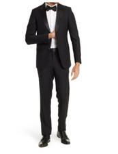 ZANETTI BLACK SOLID TWO BUTTON PEAK LAPEL TRIM FIT TUXEDO JACKET 44L