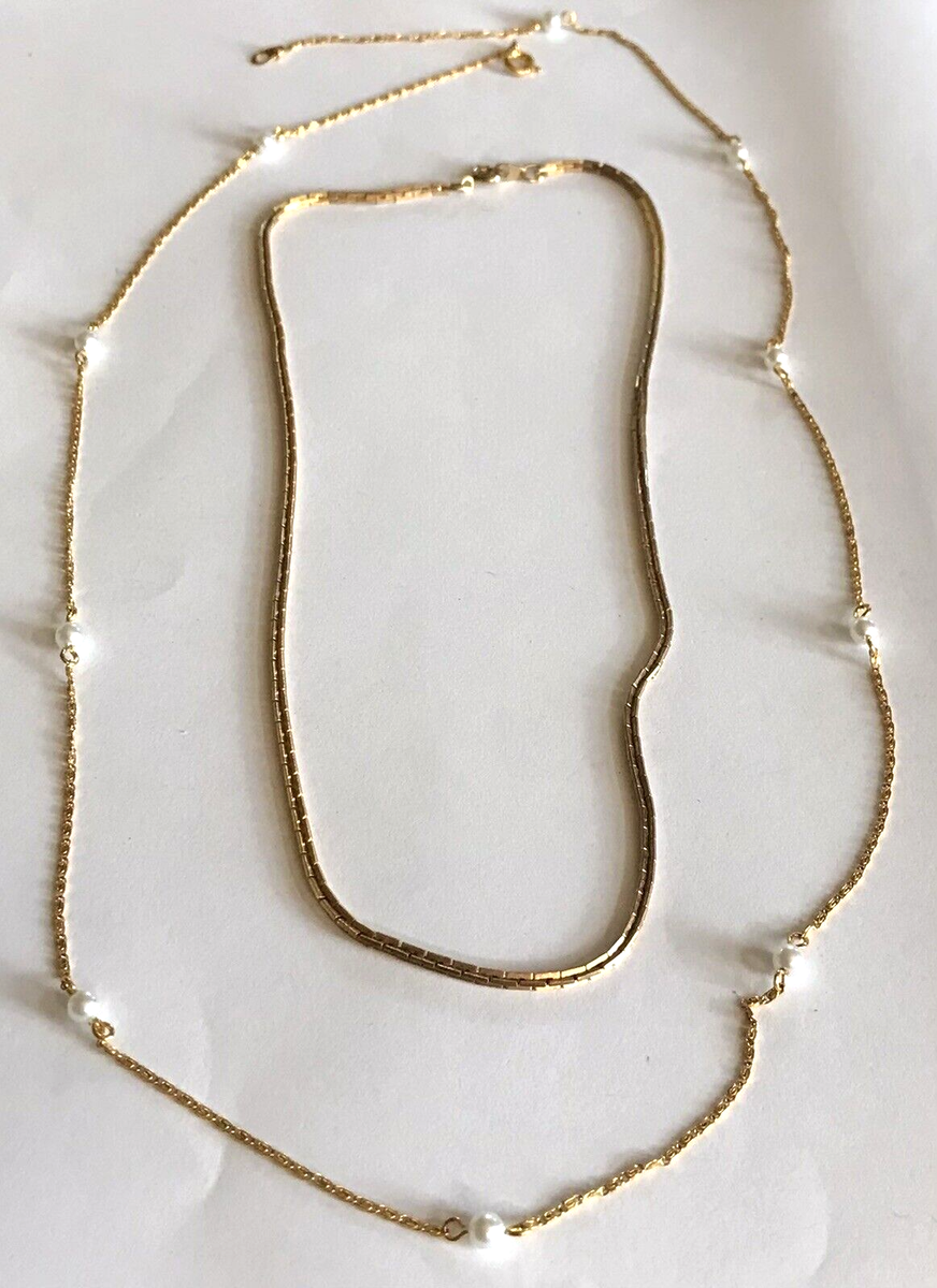 BOTH SIGNED Gold Tone Chain Faux Pearl Necklace Lot SN NS | eBay