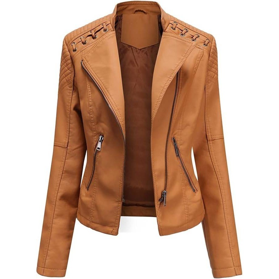 DJT Womens Brown Faux Leather Moto Jacket Stud Detail Asymme