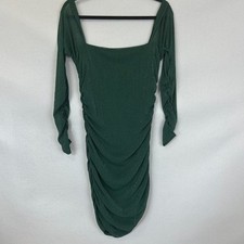 MOEENCN Green Mesh Ruched Bodycon Dress Womens Large Long Sleeve Square Neck