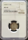 Toned 1949-D Silver Roosevelt Dime NGC MS66     Free US Shipping