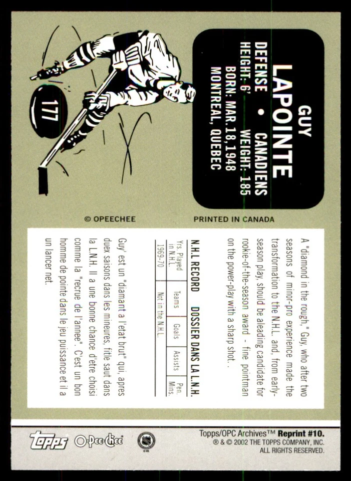 2001-02 Topps / O-Pee-Chee Archives Guy LaPointe #10 - Image 2 of 2