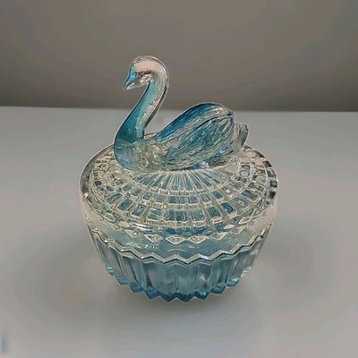 Jeanette Glass Blue Swan Powder Box Trinkets Vintage Candy Lipstick Holder Lid