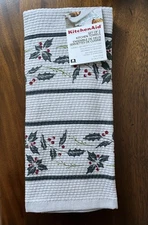 KitchenAid Hand Dish Towel Kitchen Holly Berry Red Green Leaves Stripe Christmas