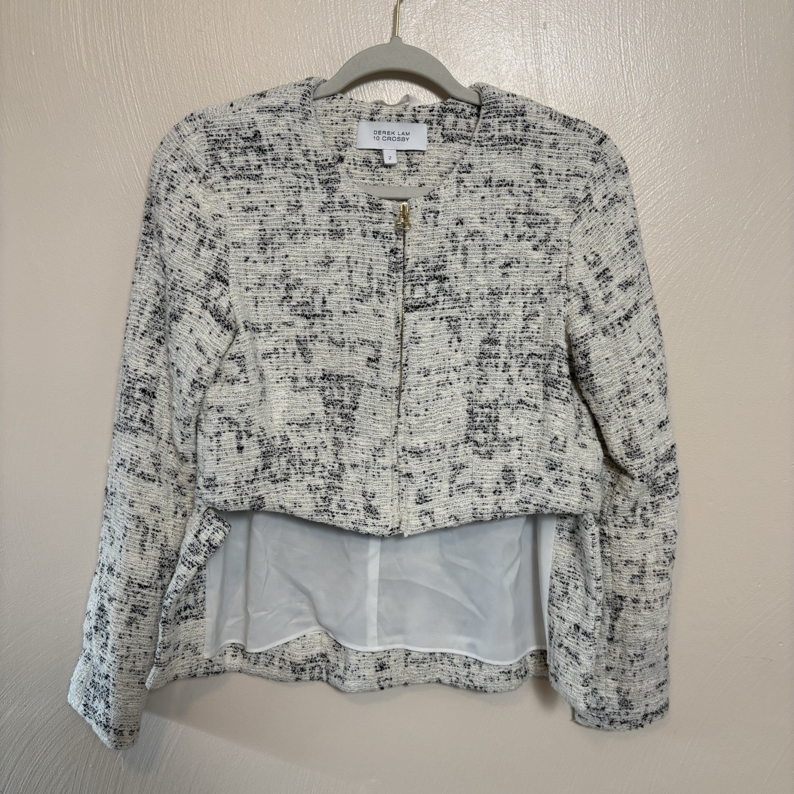 Derek Lam 10 Womens Crosby Hi-Lo Jacket Tweed Ivory Black Gold Zipper Size 2