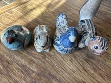 Vintage Tonala Mexican Pottery Folk Art Hand Painted Animal Figurines Set Of 4