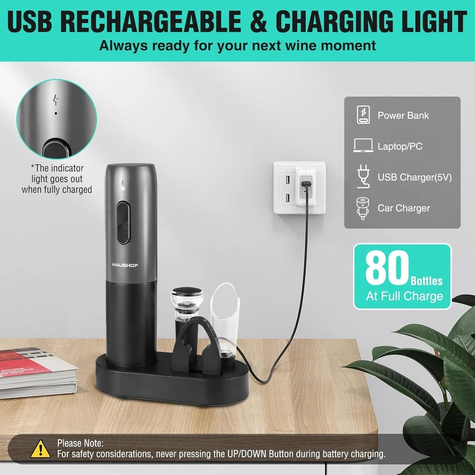 HAUSHOF Wine Bottle Opener with USB Charging Wine Pourer and Vacuum Wine Stopper - Image 4 of 4