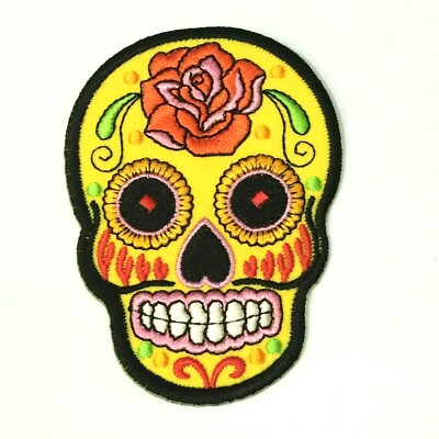 Orange Flower Yellow Sugar Skull Embroidered Patch Mexican Style Fun Logo Design