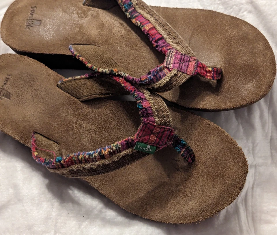 Sanuk Shoes Womens 8 Flip Flop Multicolor Striped Textile Toe-Post Thong Sandals - Image 2 of 4