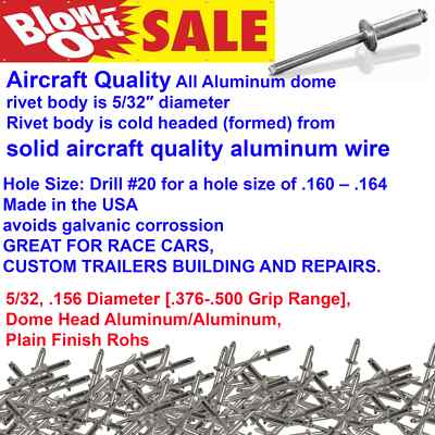 ABA-58 Pop Blind Rivets Solid Aircraft Quality 5/32 ALL Aluminum Dome ...