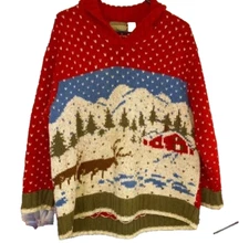 Vintage Liz Claiborne Hand Knit Christmas Winter Scene Sweater Red Shawl Neck M