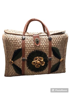 Vintage 60s Acapulco Straw Woven Large Shopper Tote Beach Bag Purse 3D Flowers