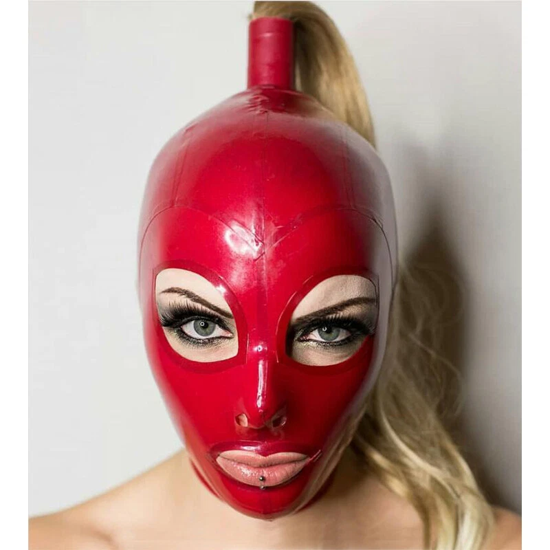 Latex Hood with Blond Pigtail Back Zipper Rubber Mask with Golden Wig Cosplay - Image 3 of 4