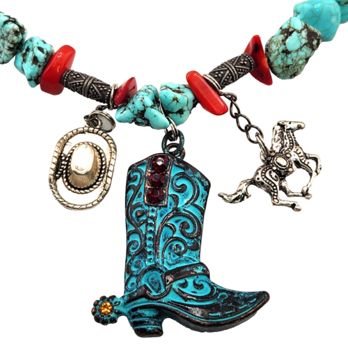 Turquoise Red Corral Necklace Earrings Western 18" Copper Boot Silvertone Horse