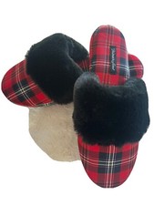 NEW VICTORIA'S SECRET BLACK RED PLAID FUZZY COZY SATIN SLIPPERS Size 6-7