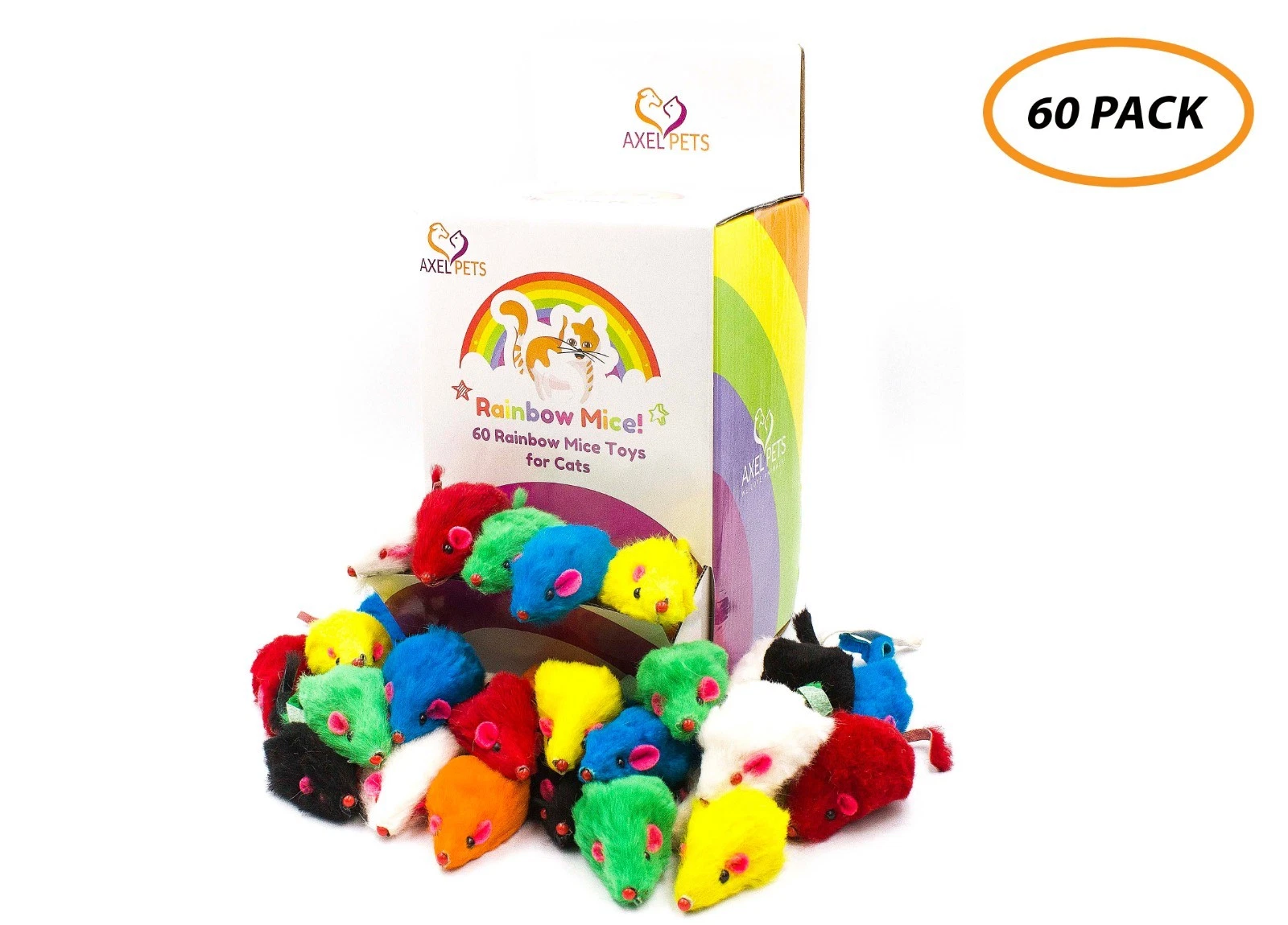 60 Rainbow Mice with Catnip & Rattle Sound Made of Real Rabbit Fur Cat Toy Mouse