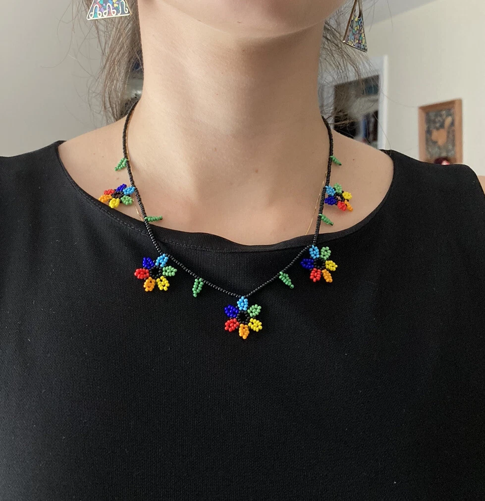 Mexican Seed Beads Handcrafted Flower Necklace Delicate Vibrant