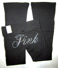 Victoria's Secret Pink Bling Rhinestones Foldover Flare Leggings Dark Gray L XL