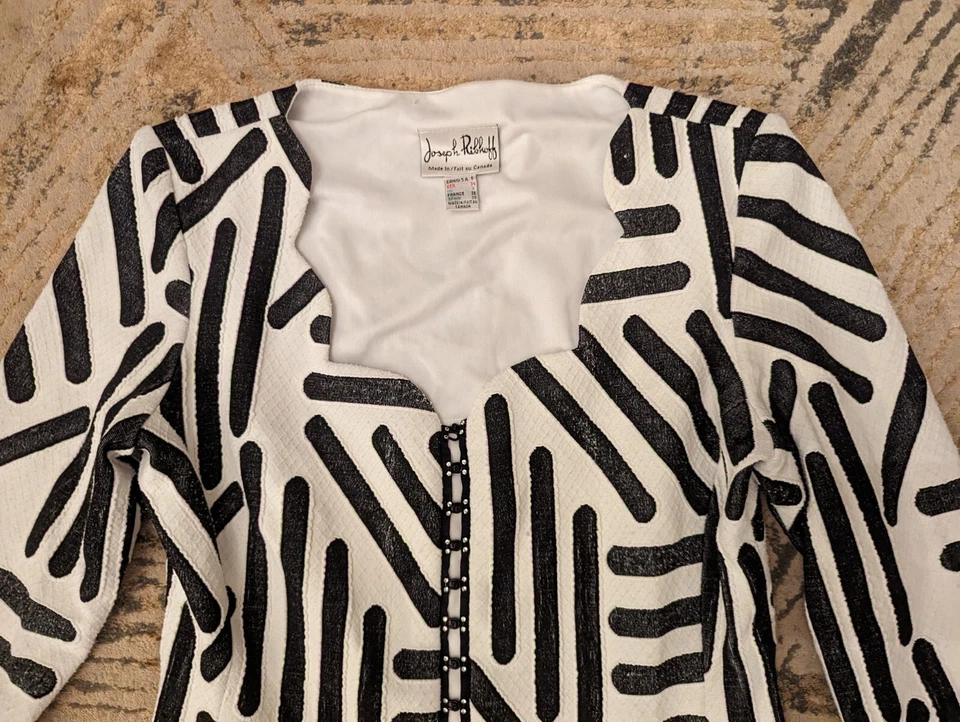 Chaqueta Blazer Formal Joseph Ribkoff Negro Blanco Geométrico Dobladillo Festoneado Talla 6 Foto 4 de 4