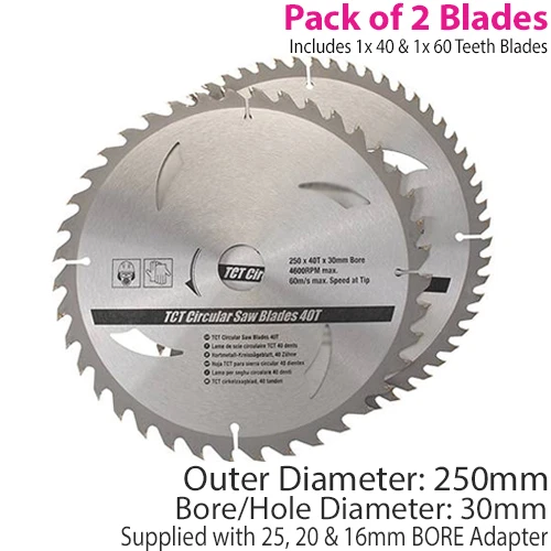 QTY 2 250mm x 30mm TCT Circular Saw Blades 40T 60T 25mm 20mm 16mm
