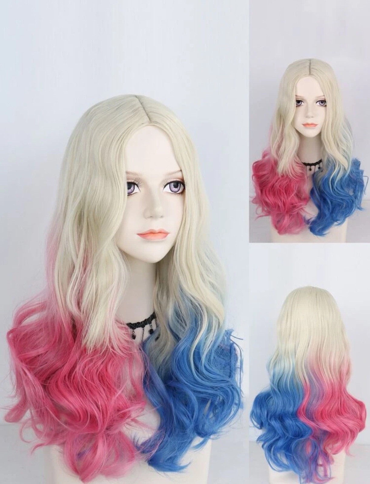 Perruque blonde bleu rose longue ondulée synthétique pour femme avec lot de 4 bonnets ajustables