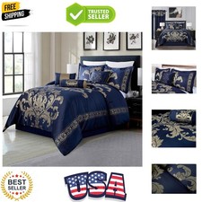 7-Piece Jacquard Floral Comforter Set King, Navy/Gold