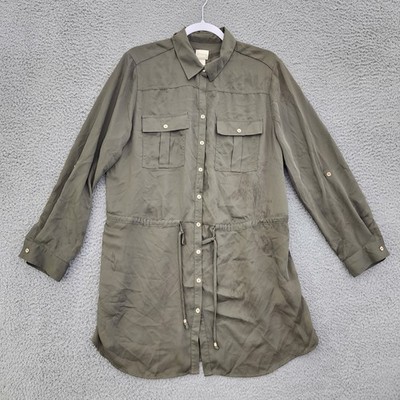 Chicos Blouse Womens 2 Green Utility Button Front Drawstring Waist Pockets Tunic