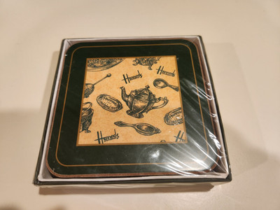 New in Sealed Package Set of 6 Harrods Tea Theme Cork Back Coasters