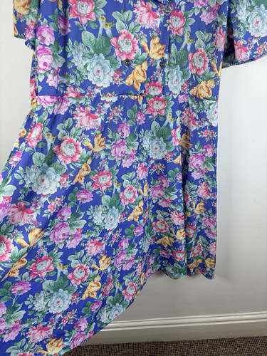 Vintage Dress Size UK 18 Blue Floral Asymmetric Below Knee Midi Stretchy 90s - Picture 6 of 12