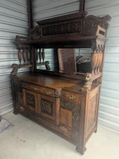 Early 1900s Victorian Carved Lion Heads Tiger Oak Server Buffet with Mirror 5955