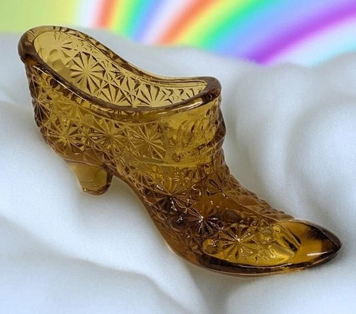 Vintage Fenton Amber Glass Shoe Slipper Starburst Pattern Figurine