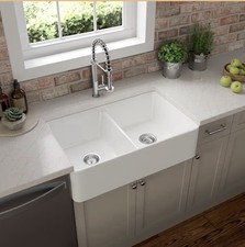 White Farmhouse/Apron Front Double Basin Ceramic Kitchen Sink 32x20 No Holes