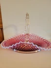 VINTAGE FENTON LARGE CRANBERRY OPALESCENT RUFFLED EDGE HOBNAIL BASKET 1950'S