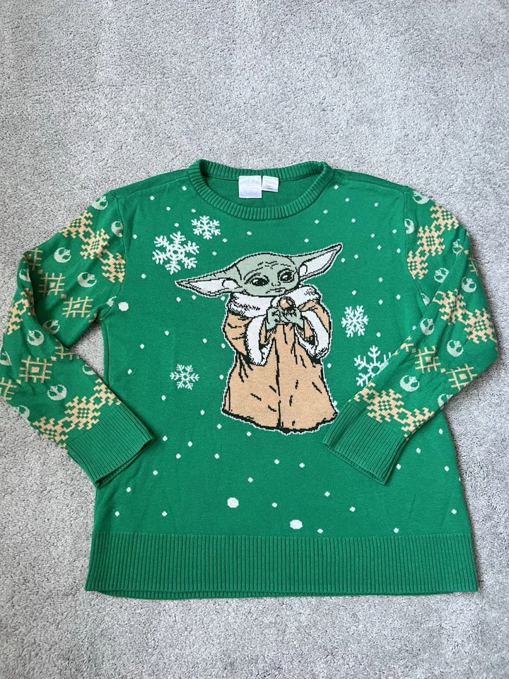 迪士尼 100 女孩圣诞丑陋毛衣大号绿色尤达长袖 — 第 2/4 张图片