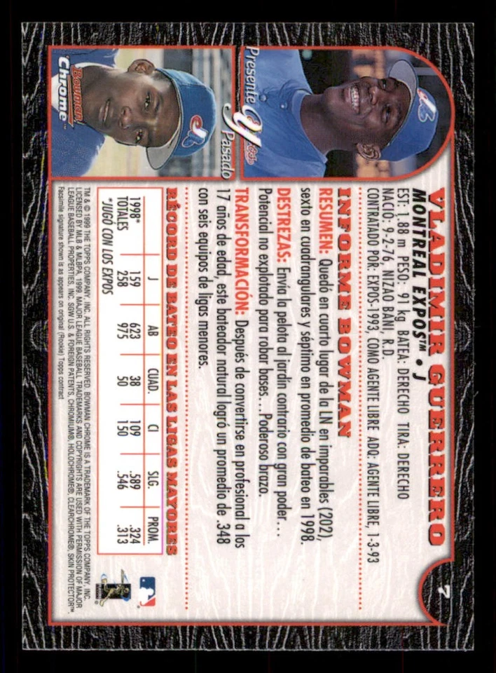 1999 Bowman Chrome International #7 Vladimir Guerrero - Image 2 of 2