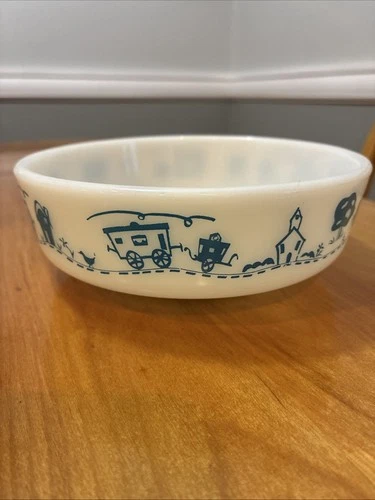 Pyrex Children's Train Milk Glass Bowl 1416 1pt Vintage Blue on White