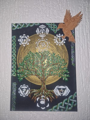    Keltische Knoten Lebensbaum Acryl Wandbild Mixed Media Struktur Leder Vogel