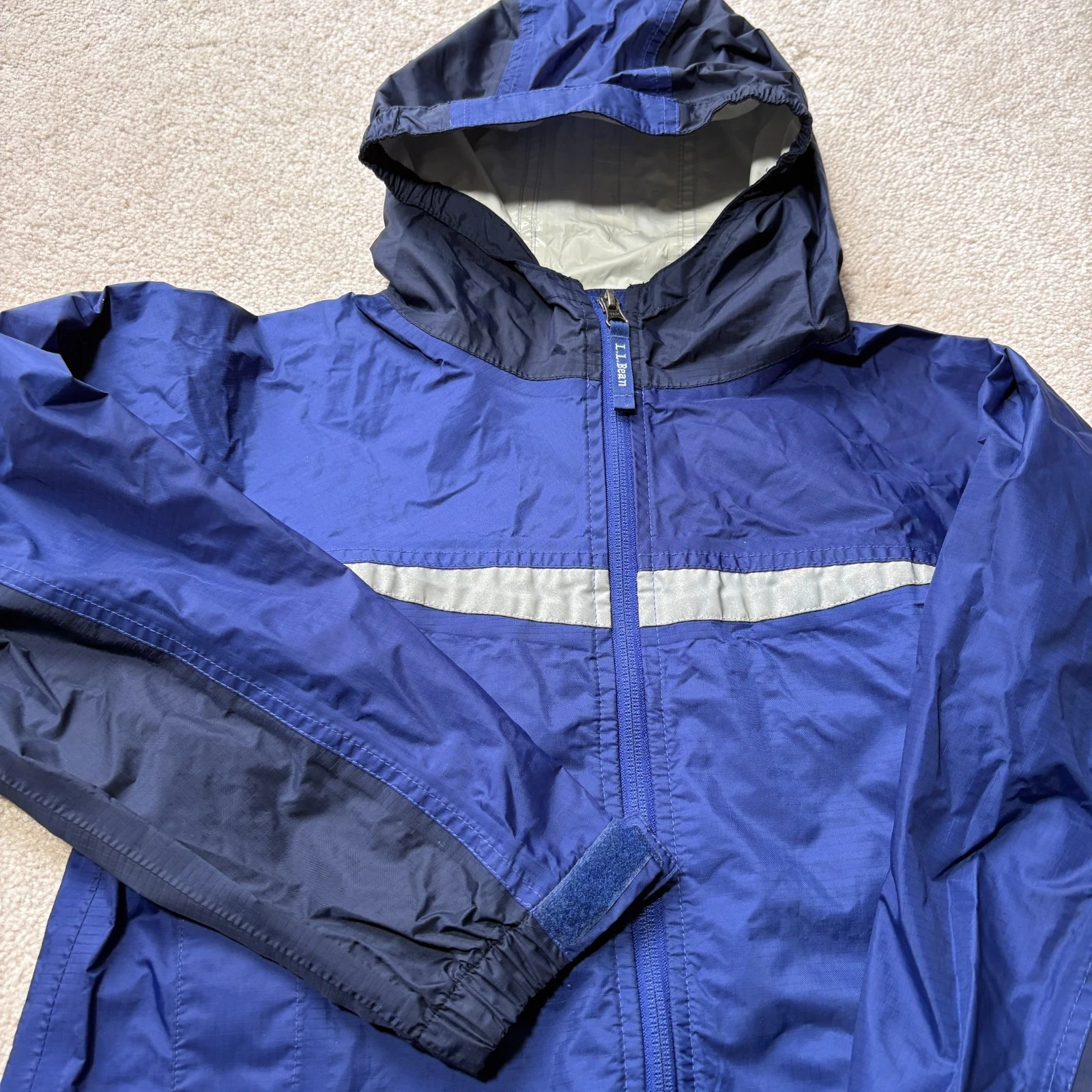 L.L.Bean Kids Rain Wind Jacket Blue Waterproof Hike Hooded Packable M 10/12