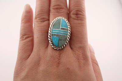 Handcrafted Navajo Sonoran and AZ Blue Turquoise Inlay Ring Signed NA Sz 8.25US