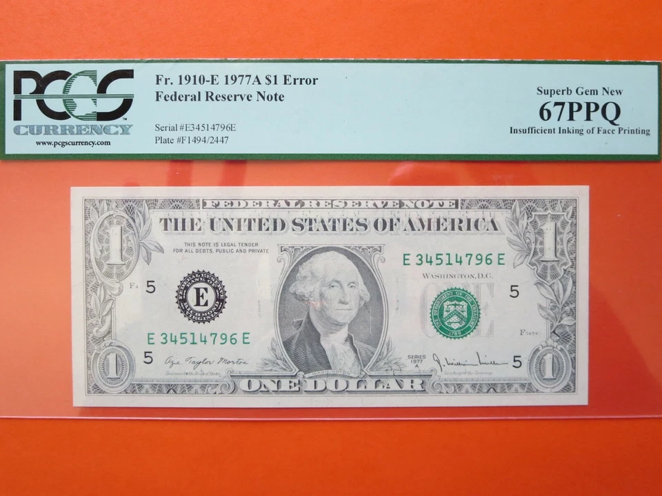 $1 1977 a federal reserve note graded error:  insufficient inking  26-080 - Image 2 of 3