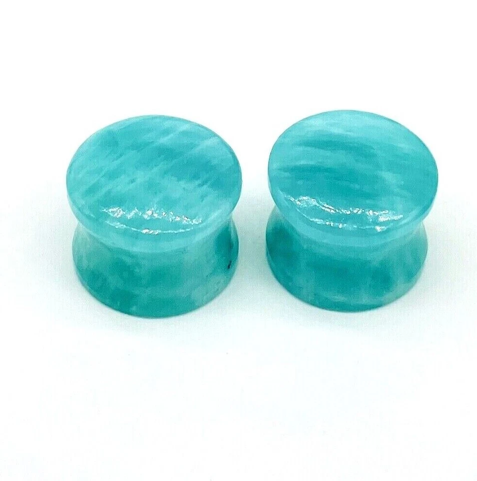 PAR de tapones de amazonita natural, doble destello, hechos a mano, tamaño 3 mm a 50 y más Foto 3 de 4