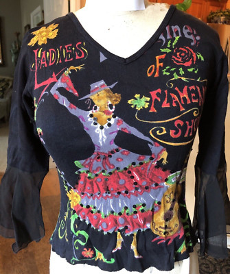 Ladies Of Flamenco Sequined V Neck Pullover 3/4 Sleeves Small