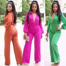 Fashion Women Mesh Long Sleeve Deep V-Neck Collared Flared Legs Formal Jumpsuit