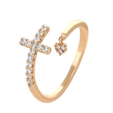 18K Gold Clear Crystals Cross & Heart Open ring. Christian. Oro Laminado.