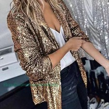 Women's Long Sleeve Glitter Sequin Blazer Suit Jacket Formal Coat Outwear Gold