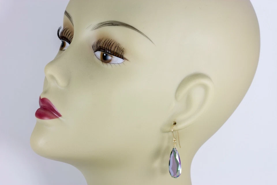 Mystic Simulated Topaz Earrings Long Faceted Teardrops Sterling 14k Solid Gold - Image 3 of 4