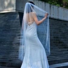 Bridal rhinestones veil beaded lines with pearls fingertip free ship
